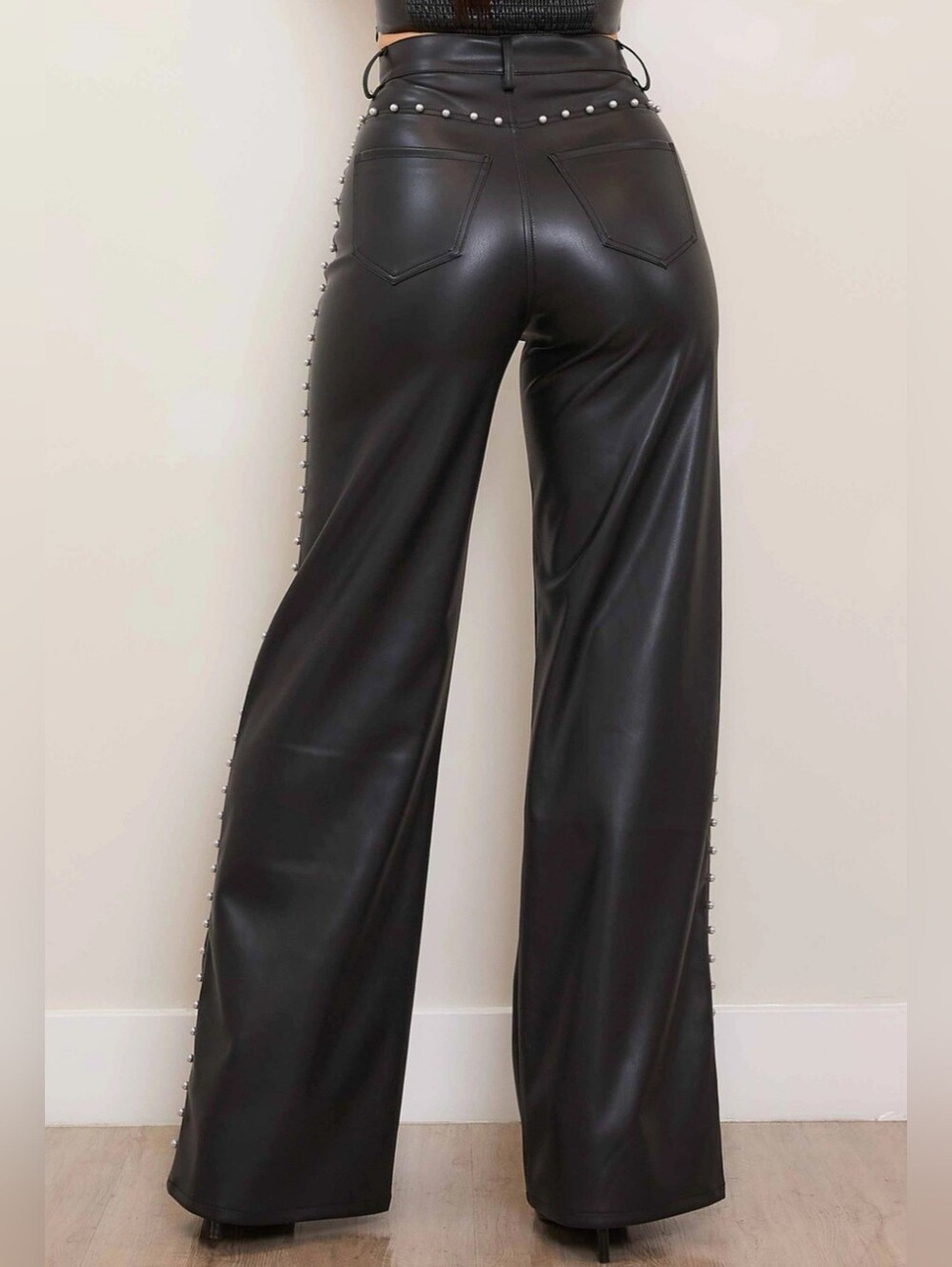 #104706 🛑1,3,5,7 Vegan Leather Wide Leg Pants with Pearl - Picture 5 of 7